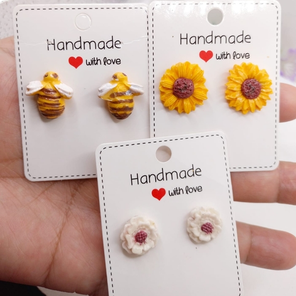 Handmade Jewelry - Set of three pairs of porcelain earrings, 0.5 inch sunflower earrings, 0.4 inch